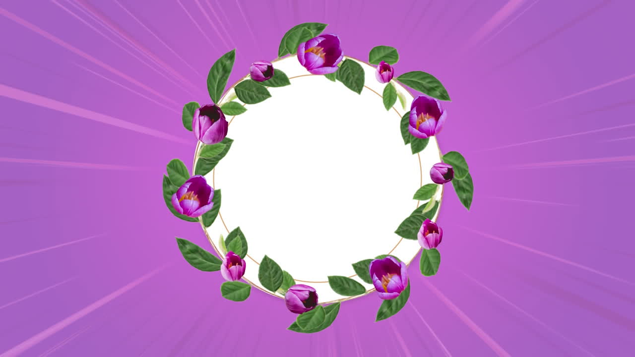 círculo blanco con hojas y flores sobre haces de luz