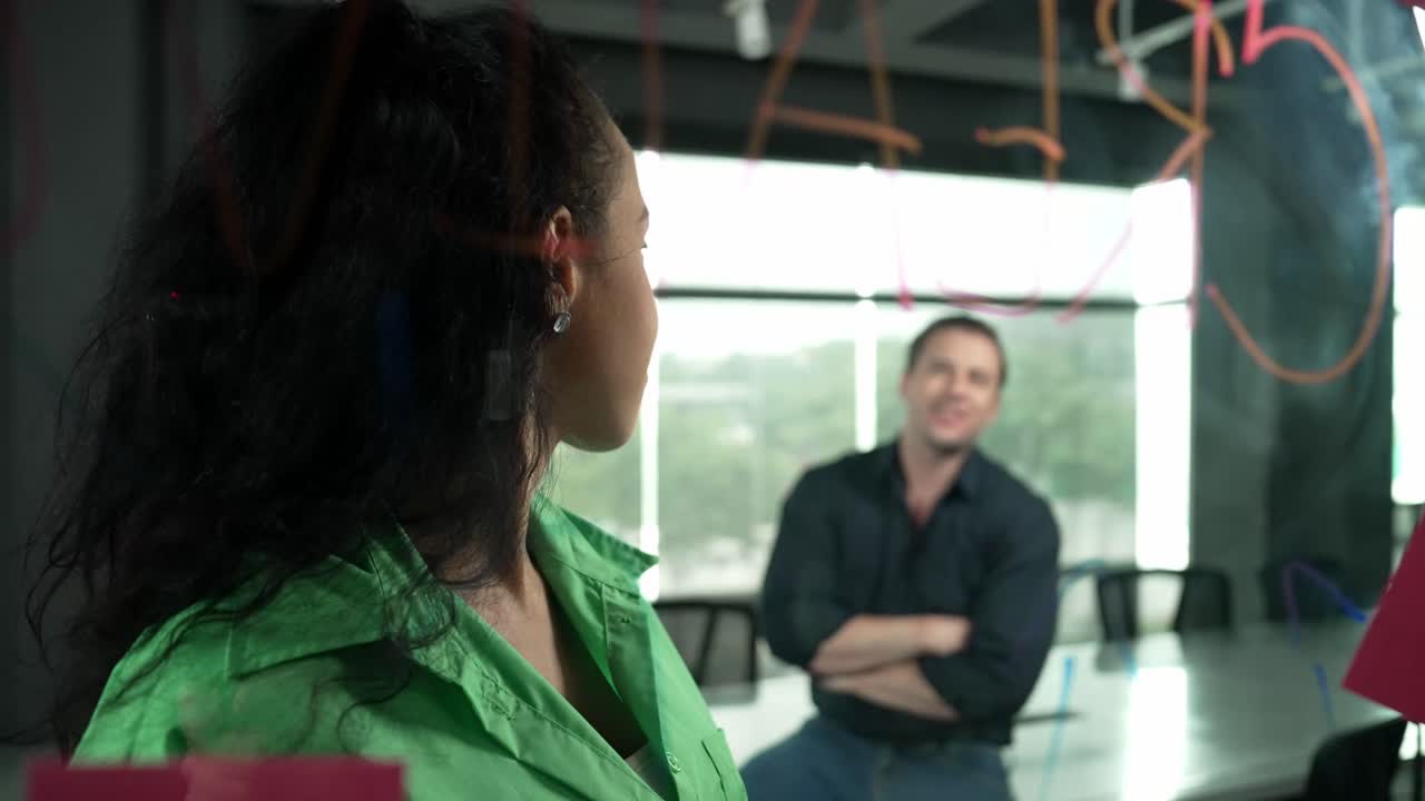 un equipo profesional de negocios discute una idea de marketing en una oficina moderna.