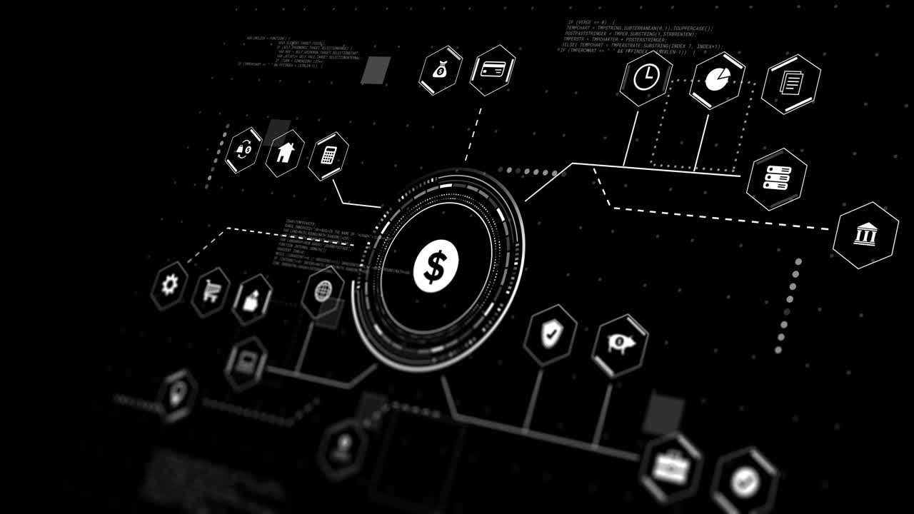 animazione di icone di valuta con elaborazione dei dati su sfondo nero