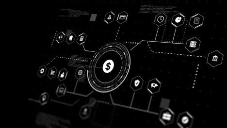 Animación-De-Iconos-De-Moneda-Con-Procesamiento-De-Datos-Sobre-Fondo-Negro