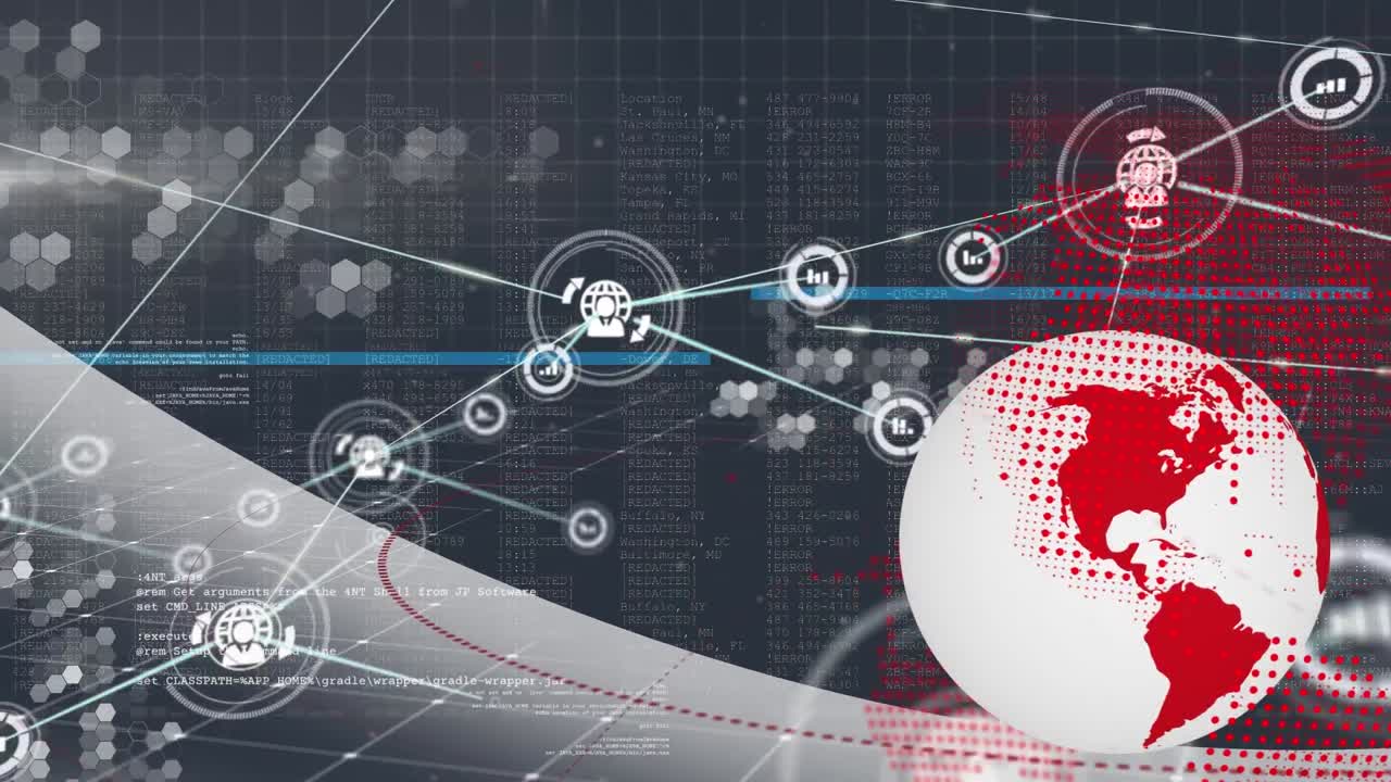 데이터 처리에 대한 전 세계 아이콘을 가진 연결 네트워크의 애니메이션