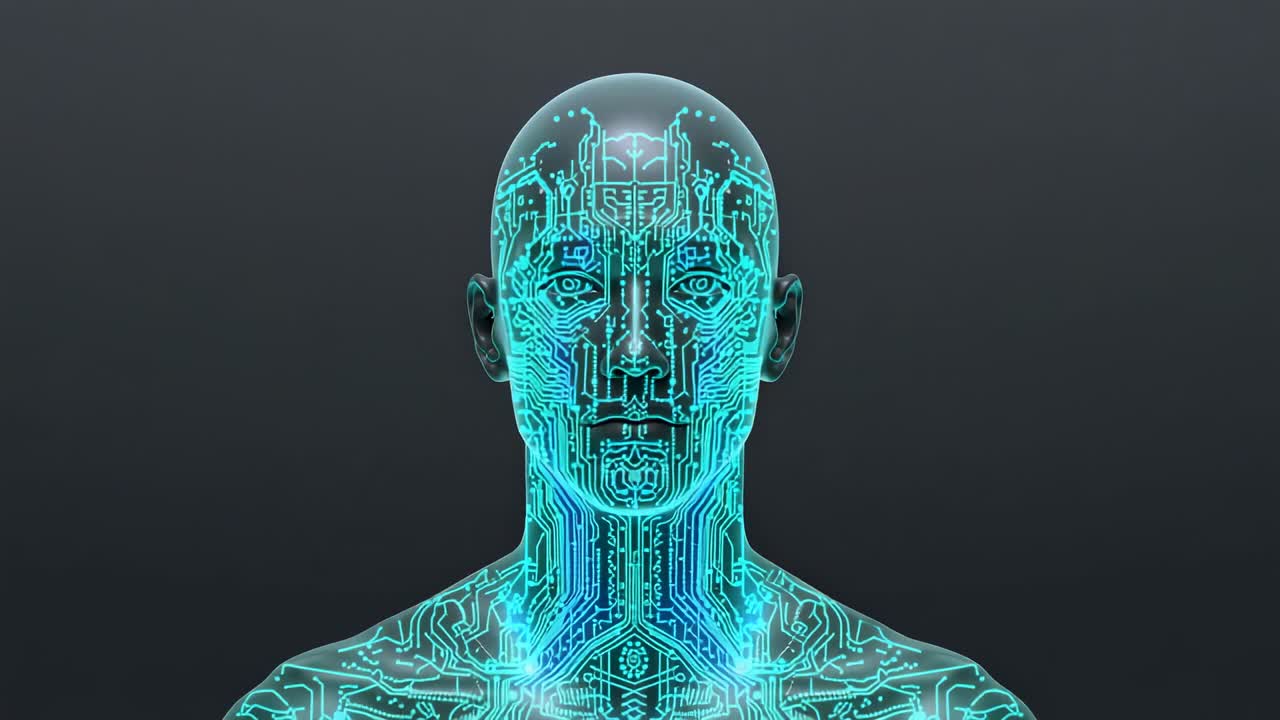 Faint glow flowing through neon circuits on synthetic humanoid bust in dark gray scene, pulsing
