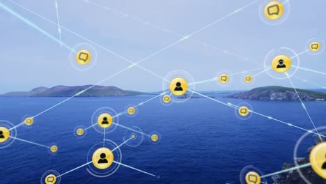 Animation-of-network-of-digital-icons-over-aerial-view-of-sea-against-blue-sky