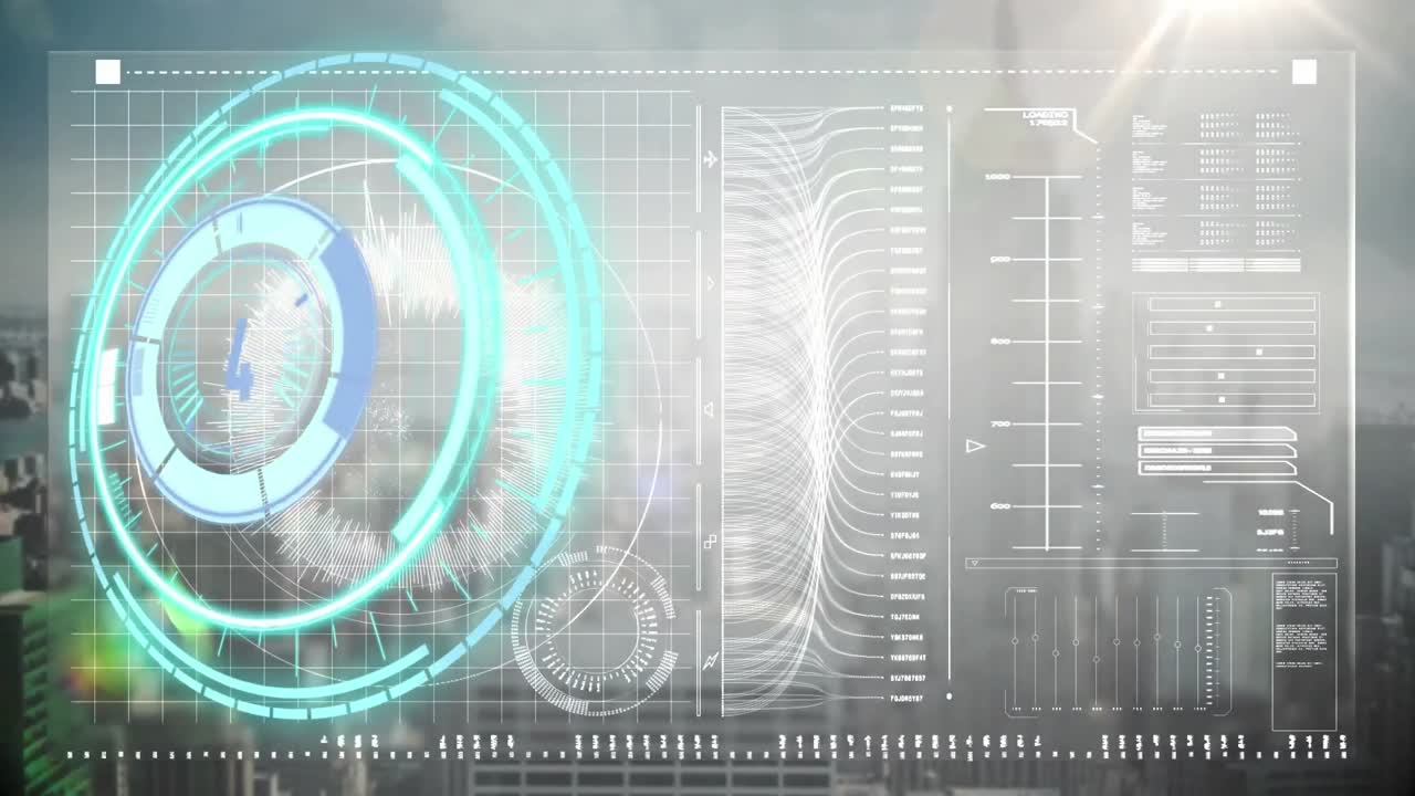 Animation of neon round scanner over digital interface with data processing against cityscape