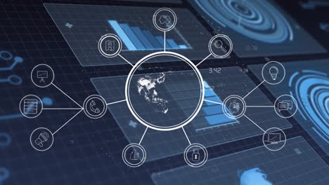 animation of network of connections over globe over data processing on black background