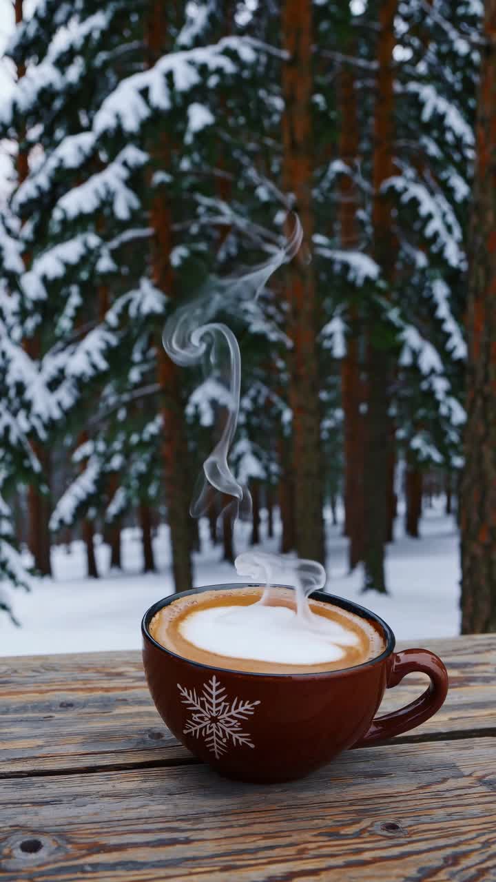 Close-up video of a steaming coffee cup on a wooden table, set against a snowy forest backdrop
