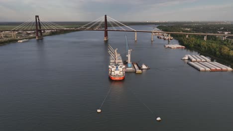 Aerial-view-of-working-vessel-on-the-Mississippi-River-near-Destrehan,-Louisiana