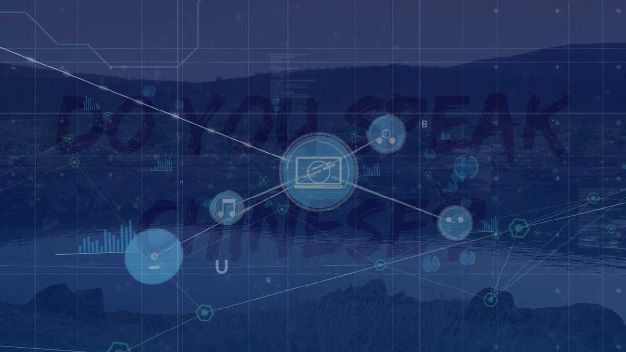 Animation of data processing and network of connections over landscape