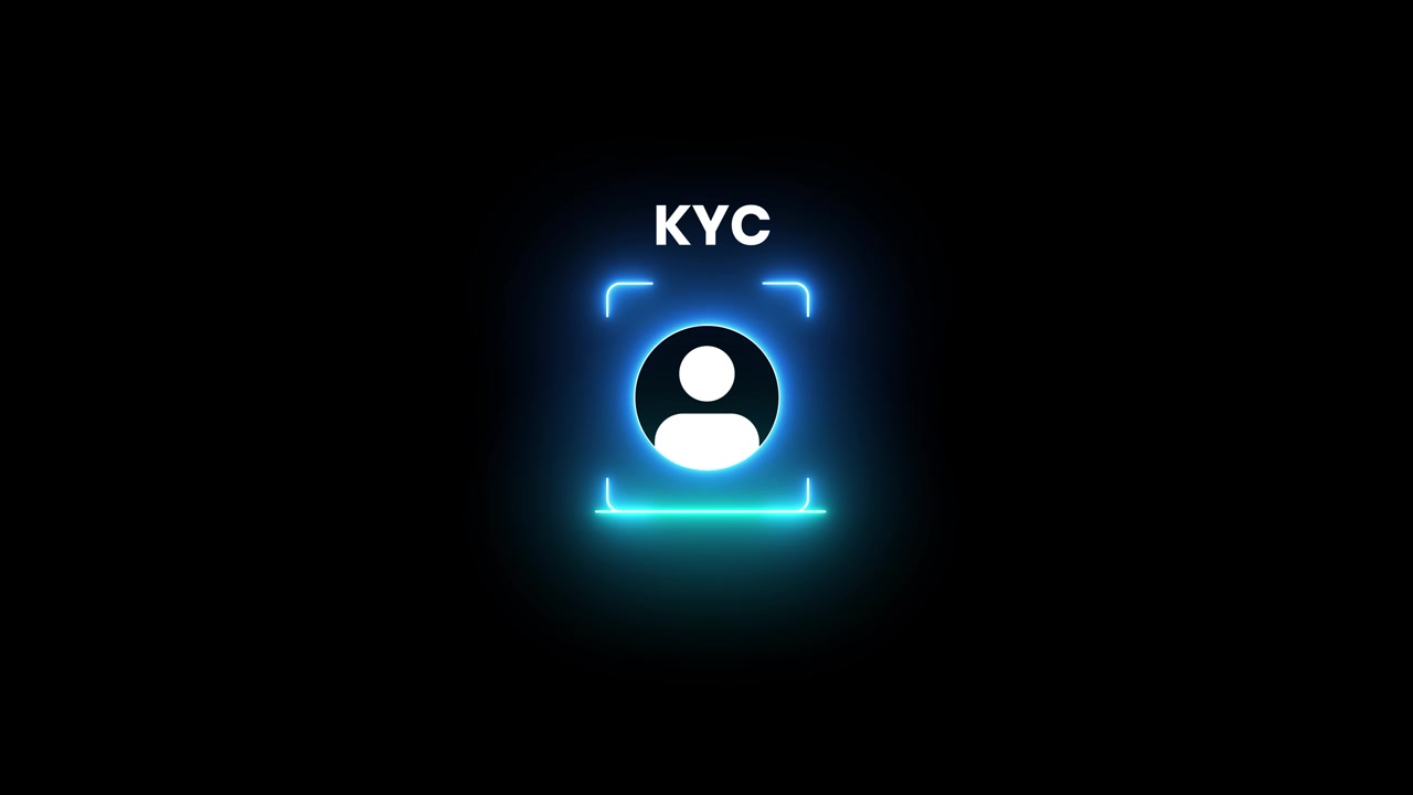 Animazione di verifica KYC con scansione biometrica per la sicurezza, isolata su sfondo nero.