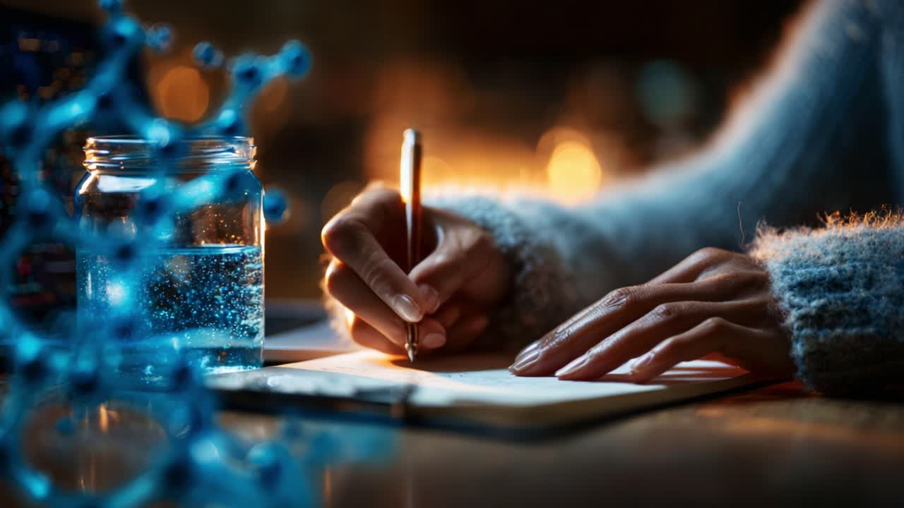 A close-up view showcasing a person's hand writing on paper with a pen, illuminated by soft light, alongside a jar of water and a decorative molecular structure in a warm atmosphere