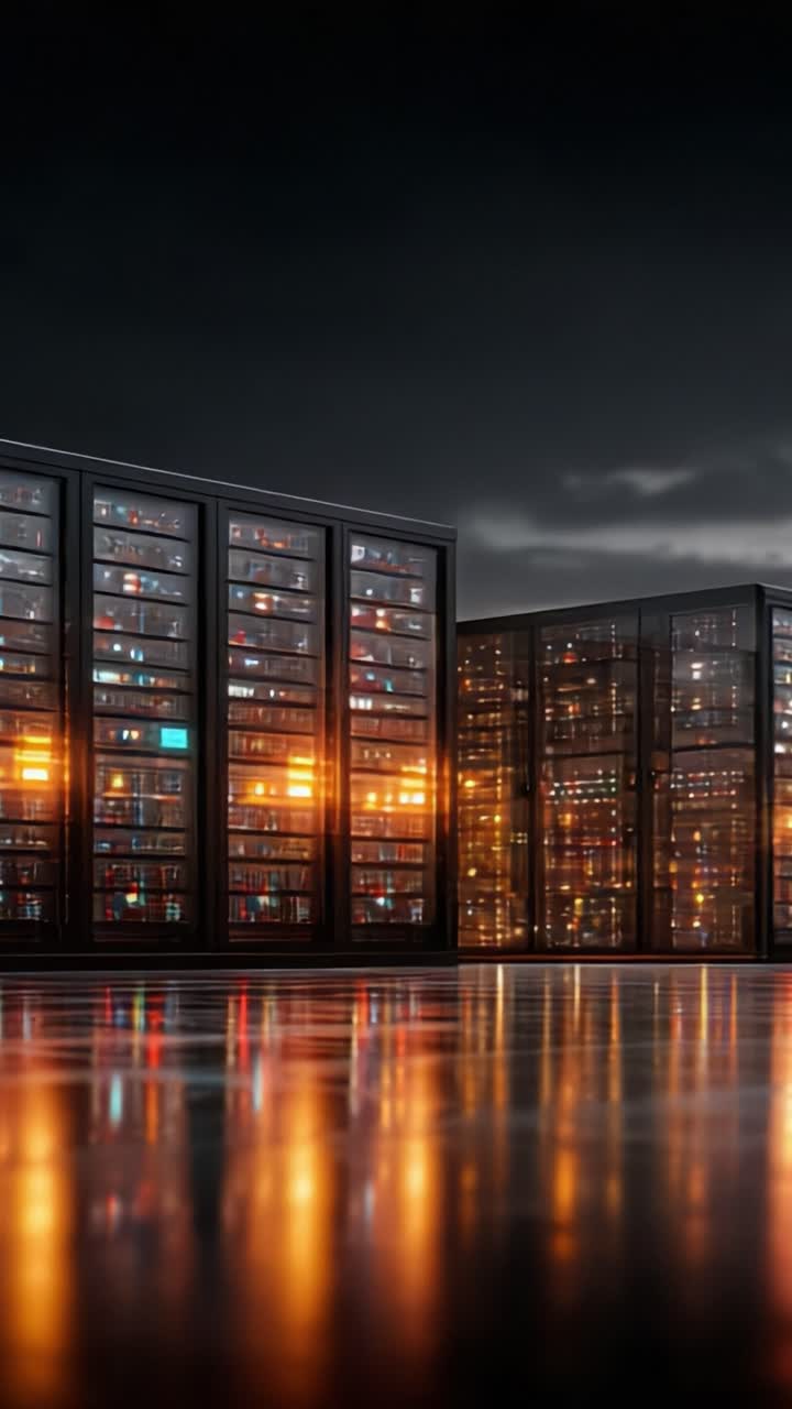 Una vista affascinante di moderni data center illuminati da luci dinamiche e superfici riflettenti, che mostrano la potenza della tecnologia e l'innovazione nella gestione dei dati