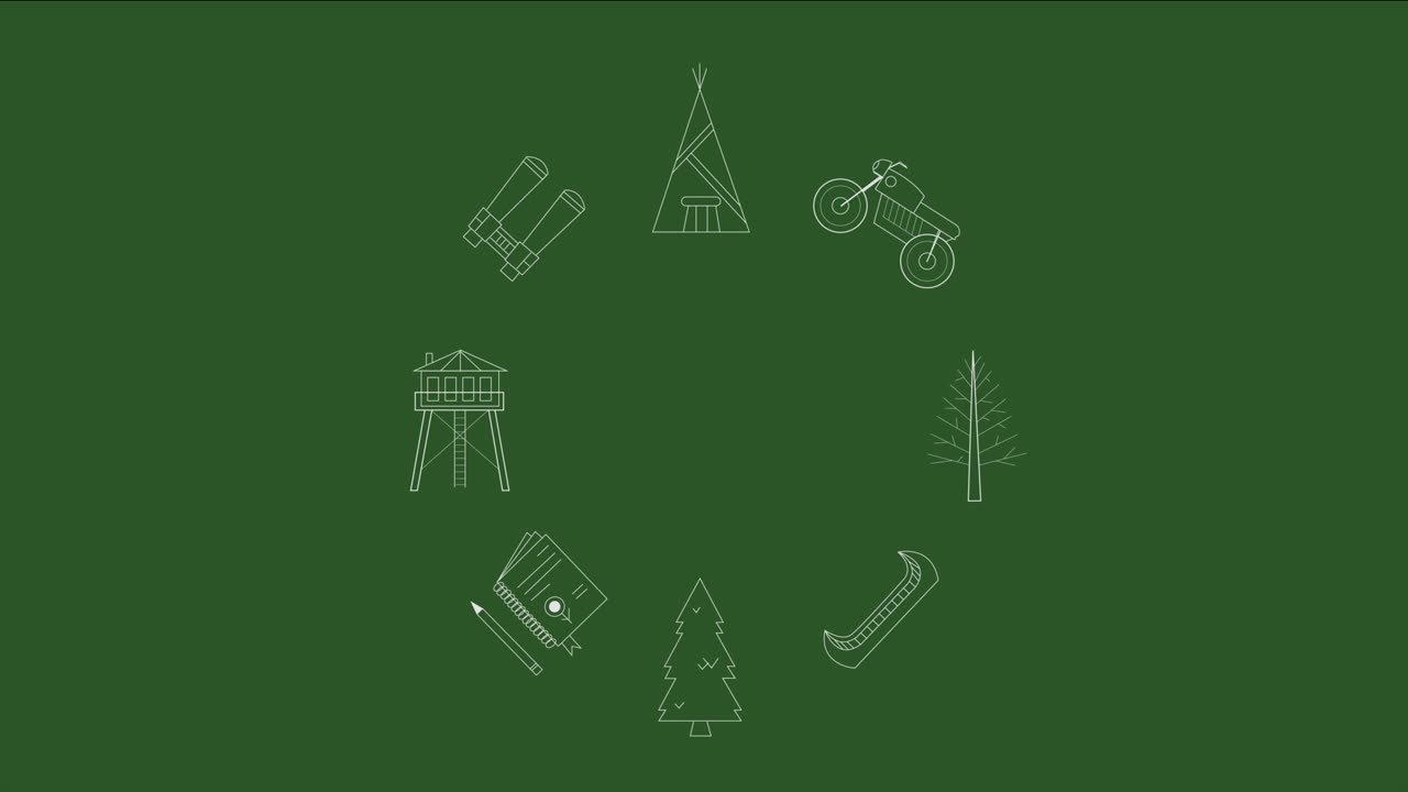 캠핑과 여행 아이콘은 녹색에 고립되어 있습니다.