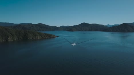 aerial drone footage of a speed boat in picton, new zealand