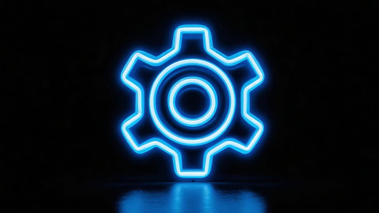 Un'icona di ingranaggio al neon luminosa e illuminata su uno sfondo scuro, che rappresenta concetti di tecnologia, ingegneria e meccanica in un formato visivo moderno