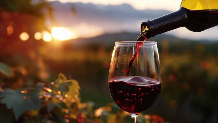 O pôr do sol derrama vinho em uma taça. As videiras brilham suavemente ao fundo. Um tinto fresco e encorpado flui elegantemente. Momento sereno, rico em cor. Ideal para cenas românticas, tranquilas ou de vinhos premium.