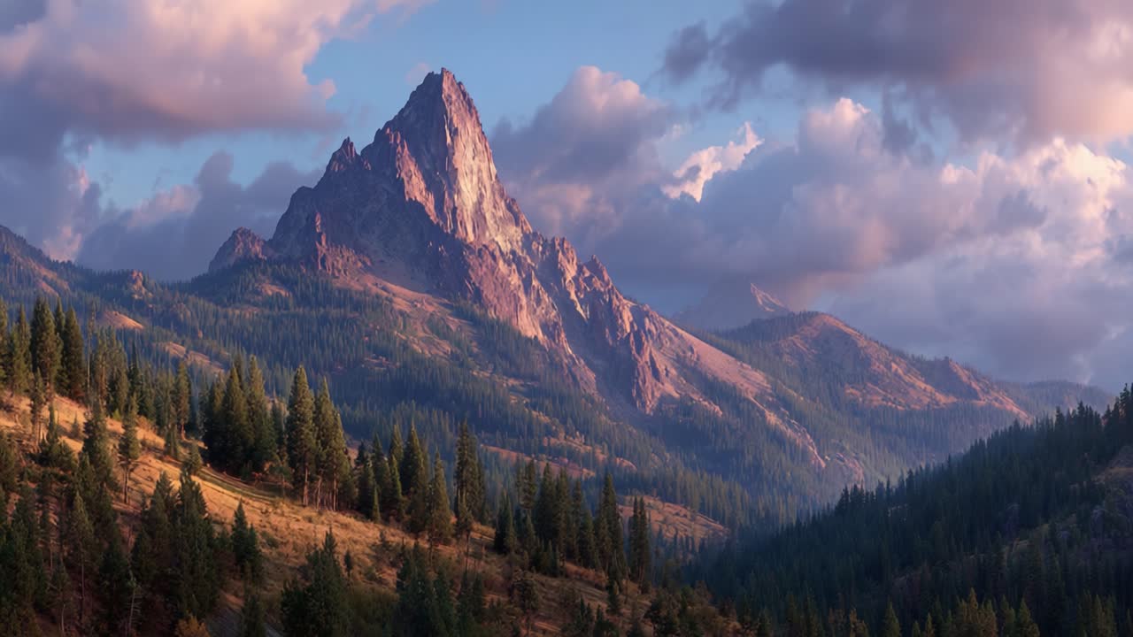 Affascinante paesaggio montano roccioso al crepuscolo con nuvole drammatiche e lussureggianti foreste sempreverdi che incorniciano una vetta maestosa in una serena bellezza naturale