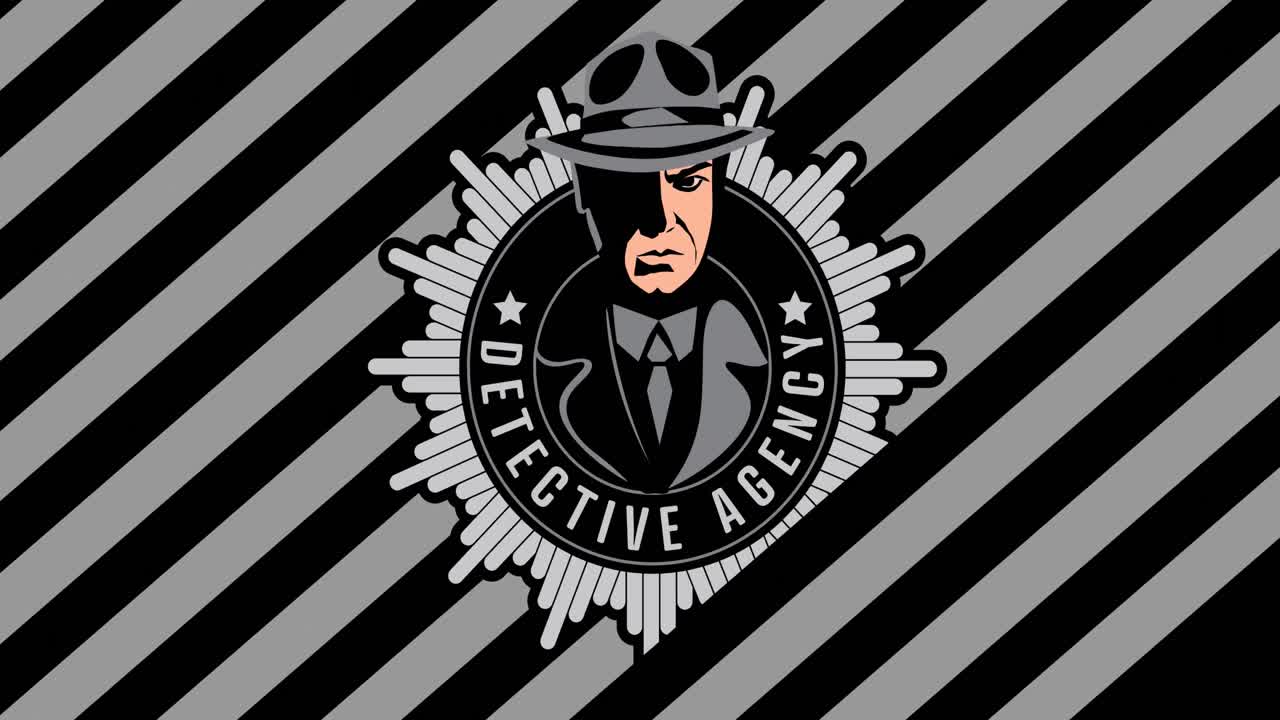 animación de texto y icono de la agencia de detectives sobre rayas sobre fondo negro