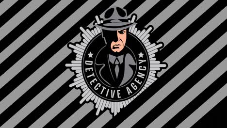 animación de texto y icono de la agencia de detectives sobre rayas sobre fondo negro