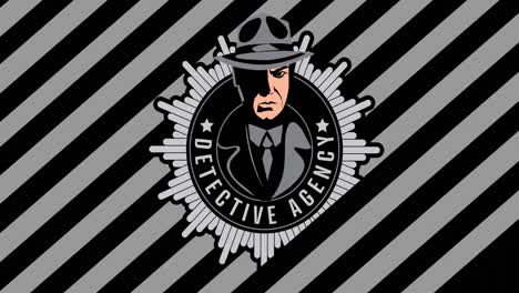 animation of detective agency text and icon over stripes on black background