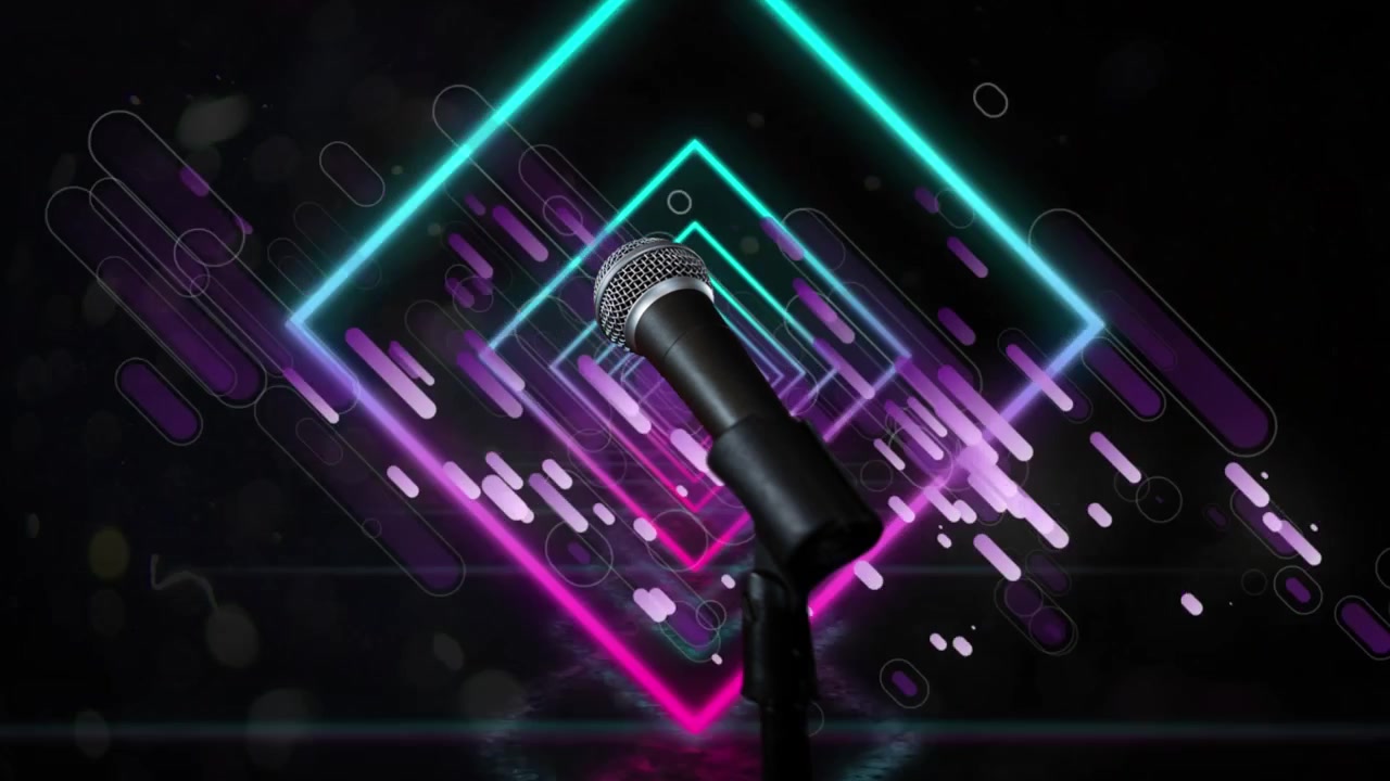 Microfono su stativo su sfondo geometrico al neon.