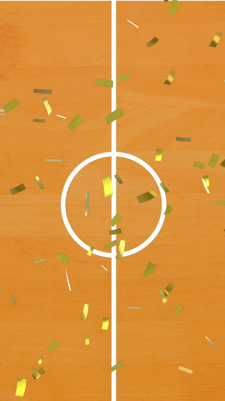 Animation of gold confetti falling over basketball court