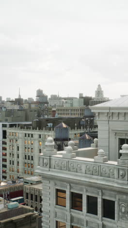 aerial view of a city skyline with buildings and water towers