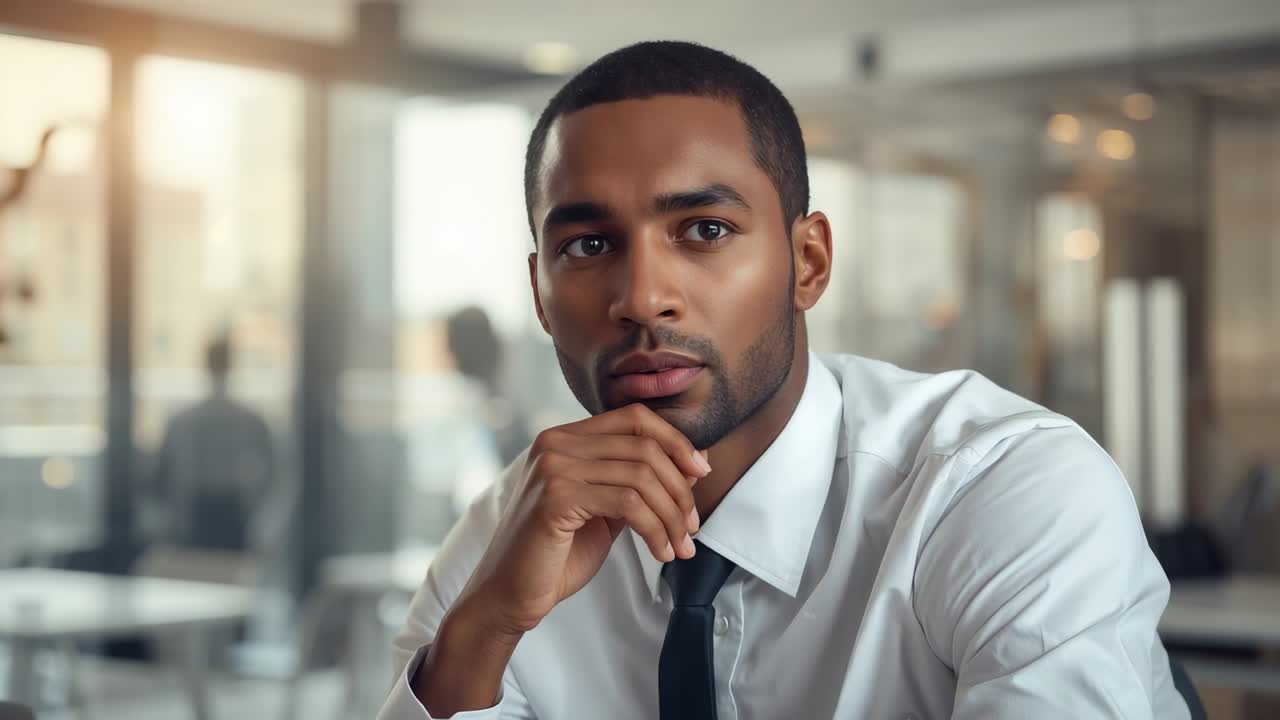 Listening man in white shirt and dark tie turning to follow off-screen speaker at office, desk