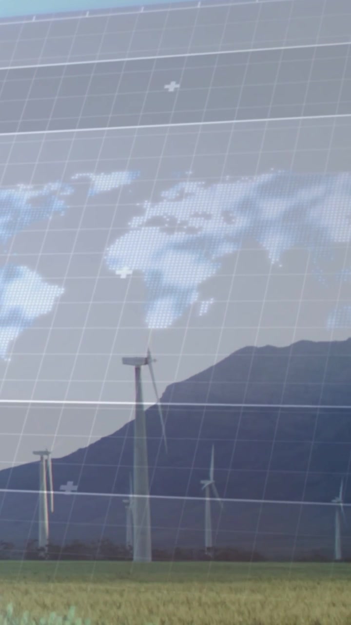 Video verticale: La cancellazione della sovrapposizione attiva le turbine che ruotano lentamente mentre una mappa si solleva mostrando i dati del vento.