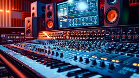 una mesa de mezcla con un teclado y altavoces en un estudio de grabación