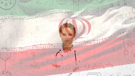 animación de la bandera de arabia saudita soplando sobre ecuaciones científicas y una doctora