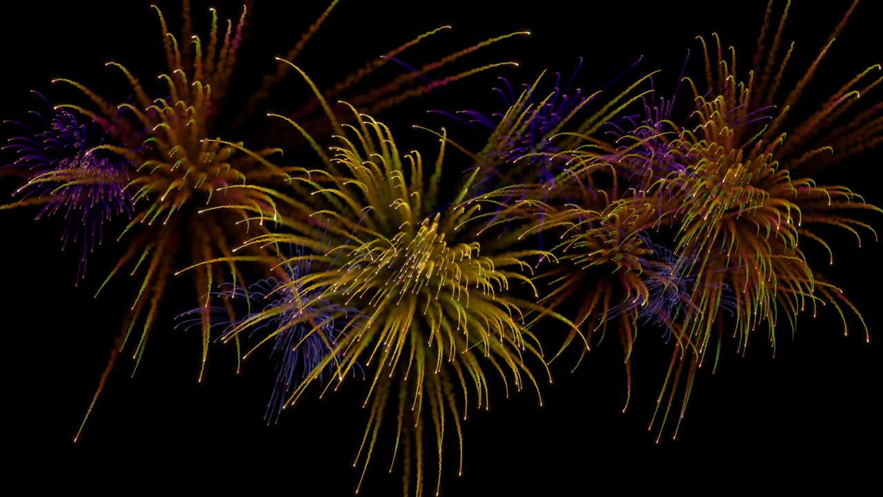 Multiple firework explosions with trails.