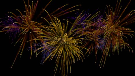 Multiple firework explosions with trails.