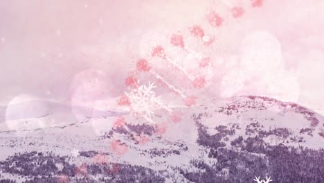 Animation-of-dna-strand-rotating-over-falling-snowflakes-and-cold-winter-landscape