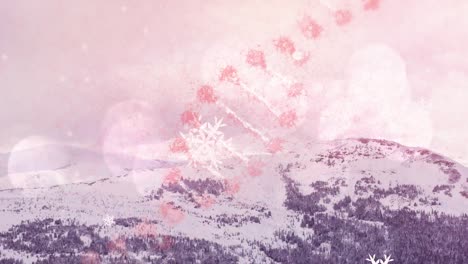 animación de la cadena de adn que gira sobre los copos de nieve que caen y el paisaje frío del invierno
