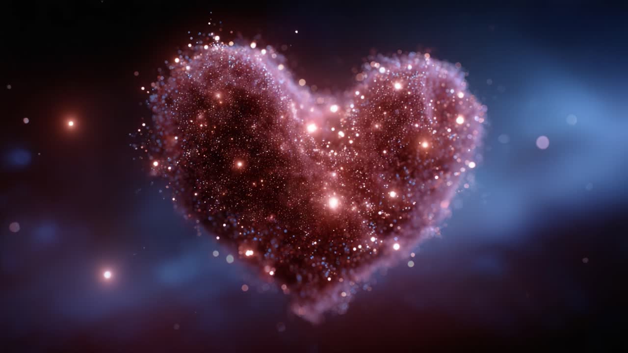 Un affascinante cuore cosmico che brilla di stelle vivaci e particelle scintillanti, incarnando l'amore e la connessione in una magica sinfonia visiva di luce e colore