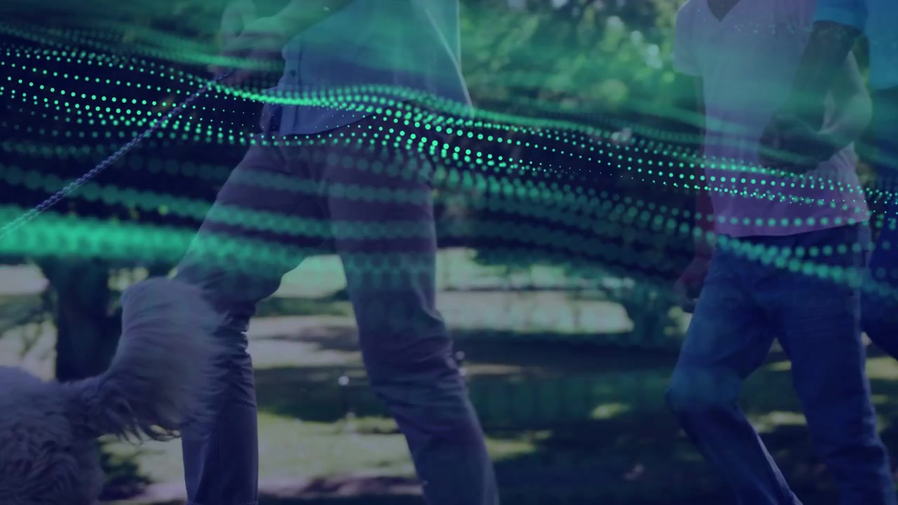 Family walking park marketing, holding hands leading dog while camera panning overlaying teal wave