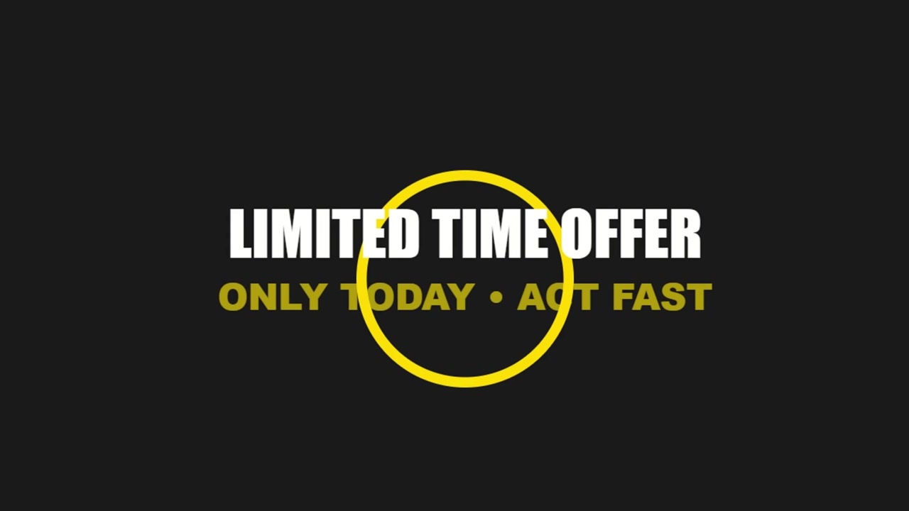 Animazione di offerta a tempo limitato con messaggio promozionale evidenziato e richiamo all'urgenza su sfondo scuro, che crea elementi visivi di marketing al dettaglio accattivanti.