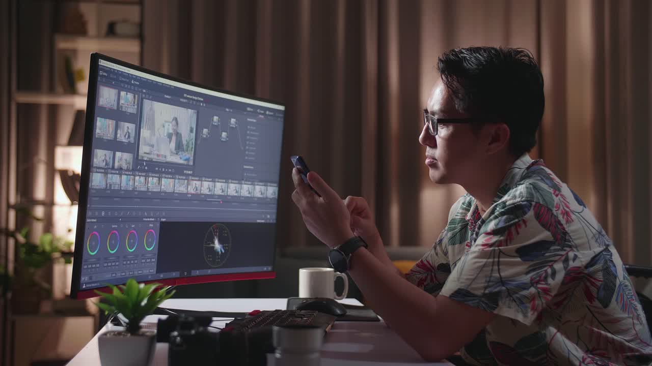 hombre editando video en casa por la noche