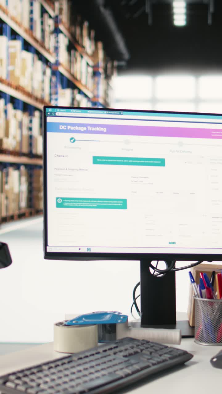 Vertical Video Empty storehouse with industrial racks and shelves used for shipping goods