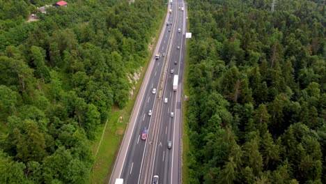 Slow-drone-shot-of-european-highway-with-pine-trees,-rail-road-and-power-lines-where-traffic-moves-in-both-directions