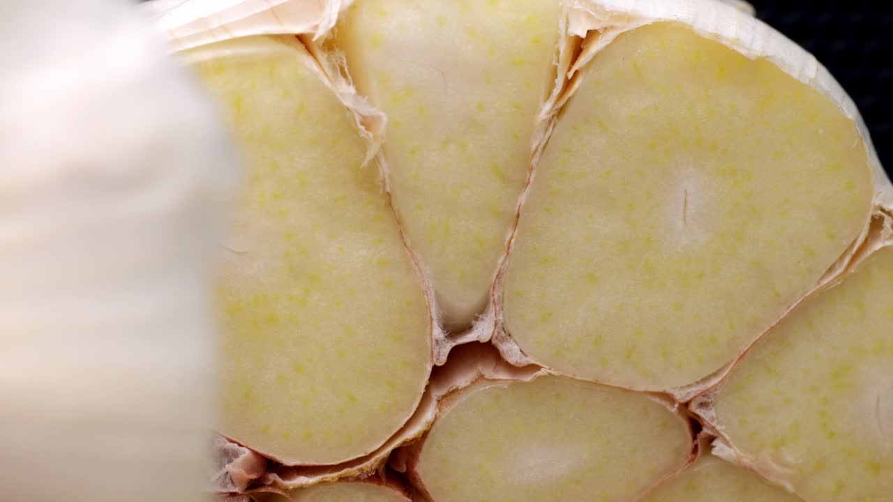 Close up of garlic bulb sliced in half showing internal texture and cloves clearly