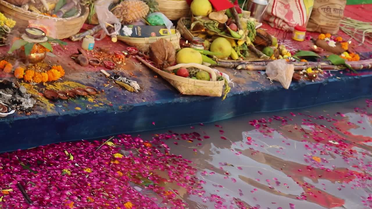 offerings during holy rituals at festival from different angle video is taken on the occasions of chhath festival which is used to celebrate in north india on Oct 28 2022