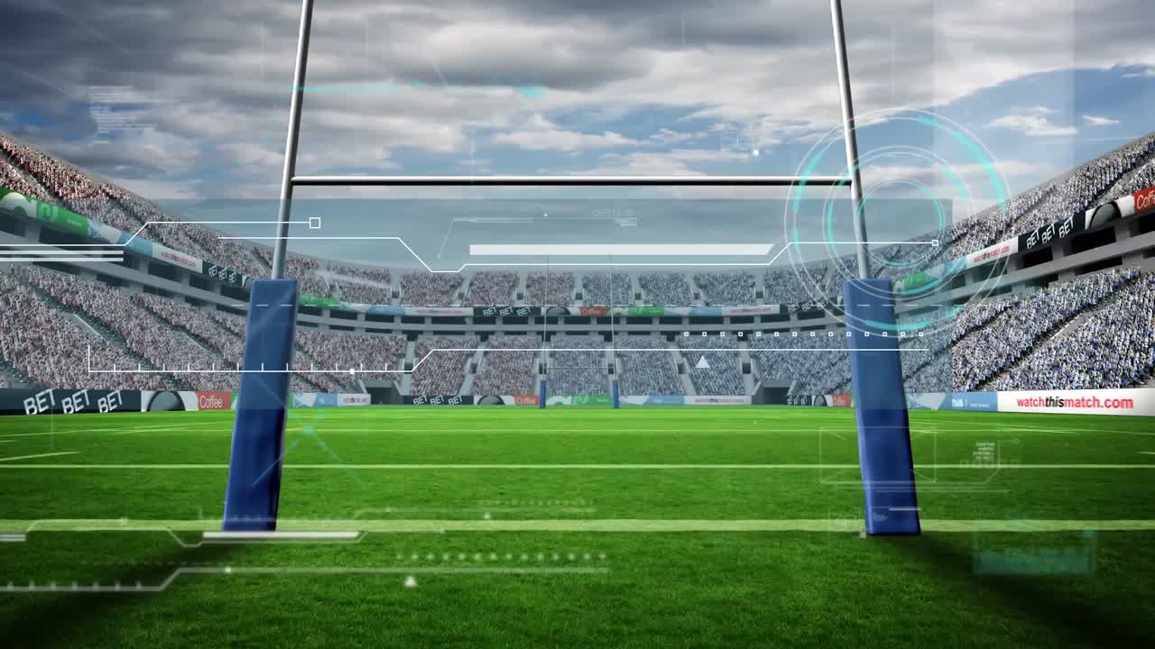 Animation of scanner processing data over rugby pitch at sports stadium