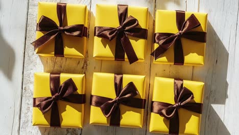 yellow gift boxes with brown ribbon