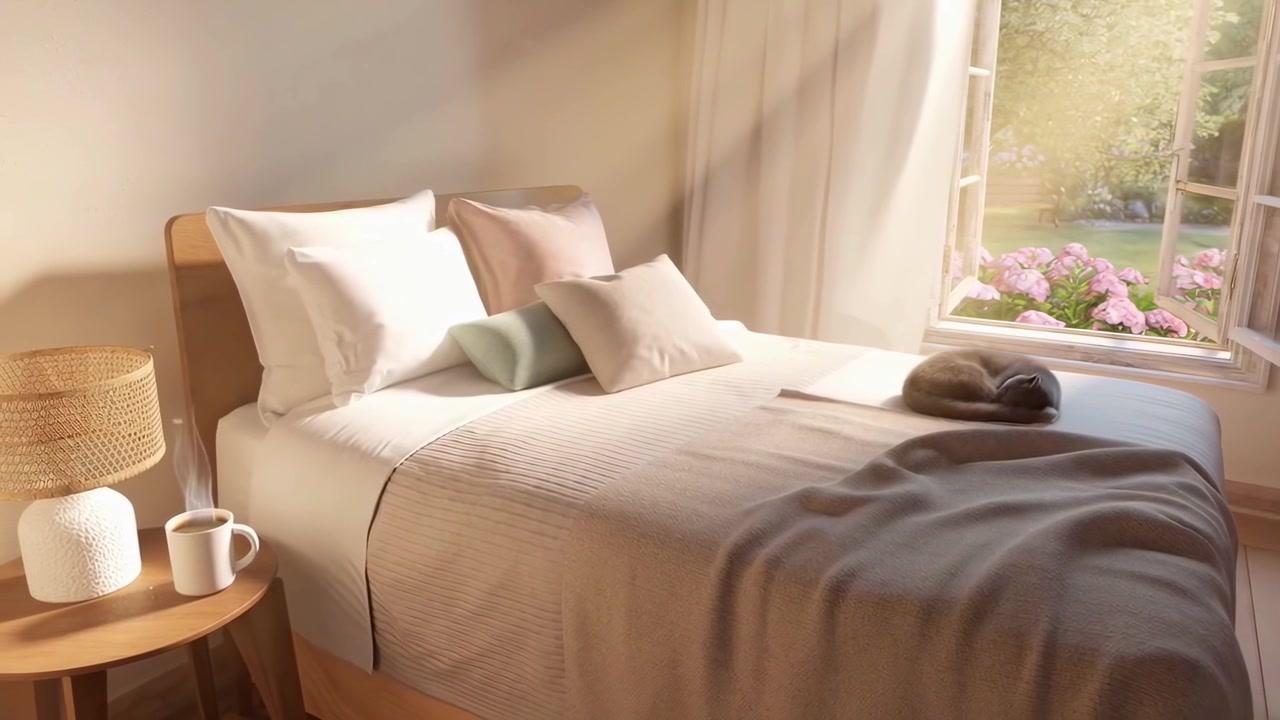 Mattina tranquilla in una camera da letto accogliente con un gatto che dorme