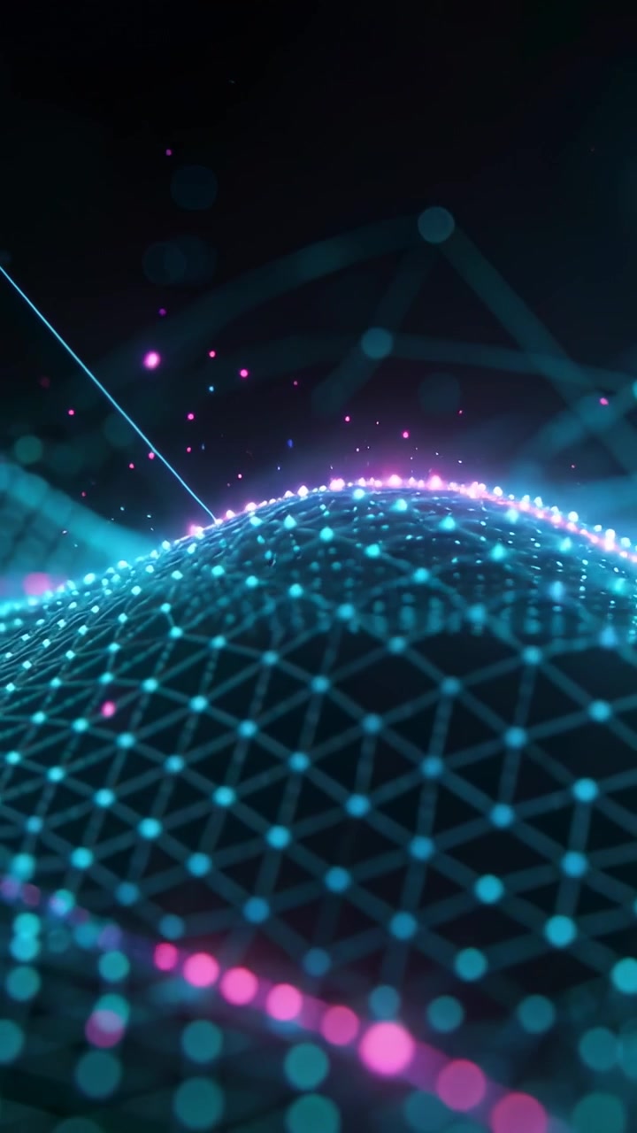 Vertical video: Emerging lit node grid wave tracing magenta-cyan ridge from lower frame dots rising