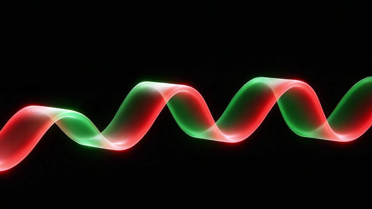 A Stunning Visual Display of Colorful Light Waves in Motion: This Captivating Sequence Showcases Fluid Red and Green Light Patterns Flowing in Smooth Waves Against a Dark Background, Creating an Enchanting Atmosphere