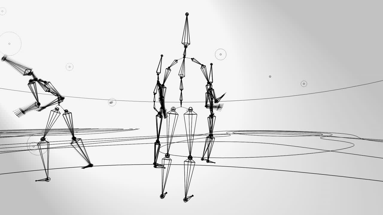 animación 3d, muchos droides o robots en fondo gris (arte de líneas)