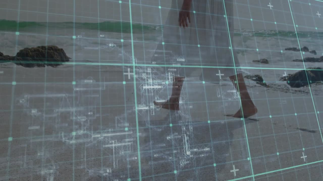 Woman walking shoreline while transparent holographic grid fading in tracking steps for tech design