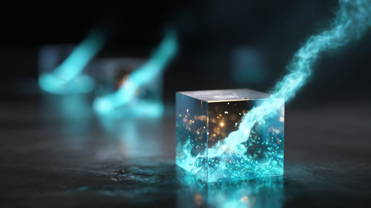 Dynamische deeltjes die afkomstig zijn van etherische ijsblokjes, gloeiend van elektrische energie en met betoverende lichteffecten in een donkere, surrealistische omgeving